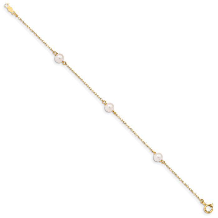 14K Solid Yellow Gold 5mm White Near Round Freshwater Cultured Pearl 3 Station Chain Bracelet