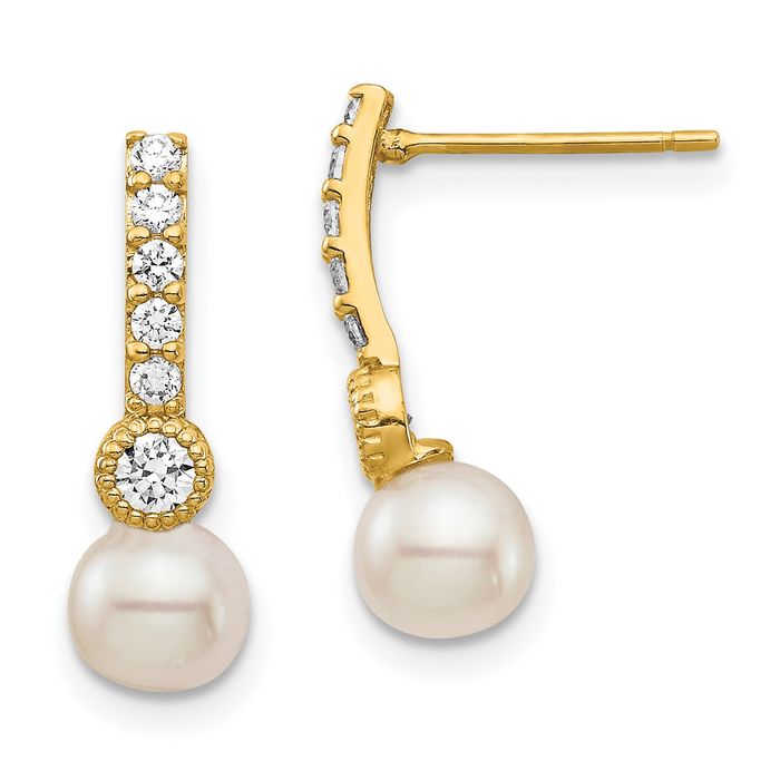 14K Solid Yellow Gold 6mm White Round Freshwater Cultured Pearl Cubic Zirconia CZ Post Drop Dangle Earrings