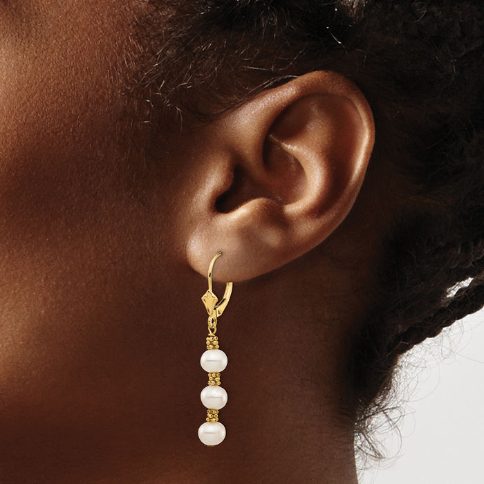 14K Solid Yellow Gold 5mm White Round Freshwater Cultured Pearl Drop Dangle Earrings Gemstone