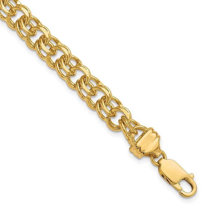 14K Solid Yellow Gold 7.5mm Double Link Chain Charm Bracelet