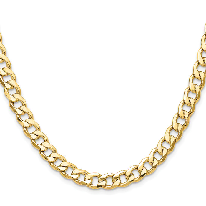 14K Solid Yellow Gold 7.5mm Curb Link Chain Necklace