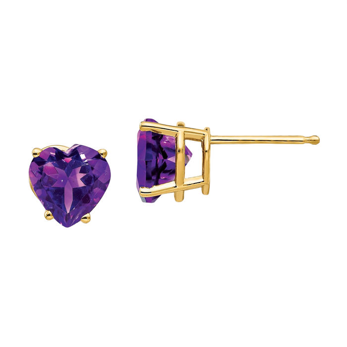 14K Solid Yellow Gold 7mm Heart Purple Amethyst Studs Gemstone Earrings February Birthstone Jewelry