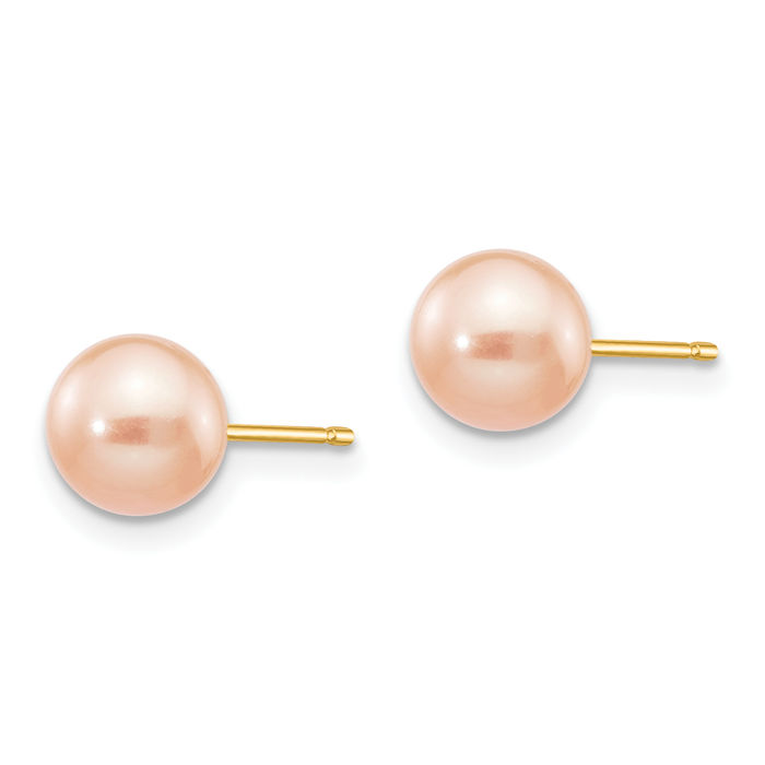 14K Solid Yellow Gold 6mm Pink Round Freshwater Cultured Pearl Stud Earrings
