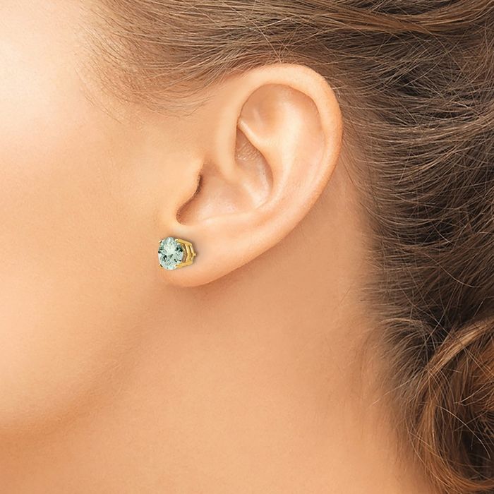 14K Solid Yellow Gold 7mm Round Green Quartz Studs Gemstone Solitaire Earrings August Birthstone Jewelry