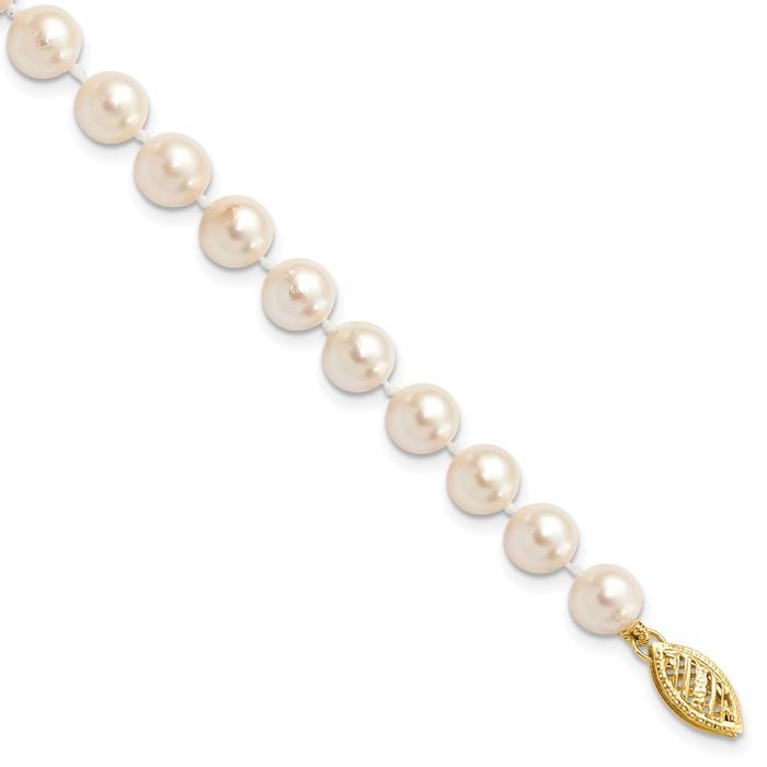 14K Solid Yellow Gold 6mm White Round Akoya Saltwater Cultured Pearl Chain Bracelet