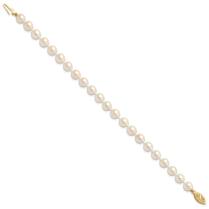 14K Solid Yellow Gold 6mm White Round Akoya Saltwater Cultured Pearl Chain Bracelet