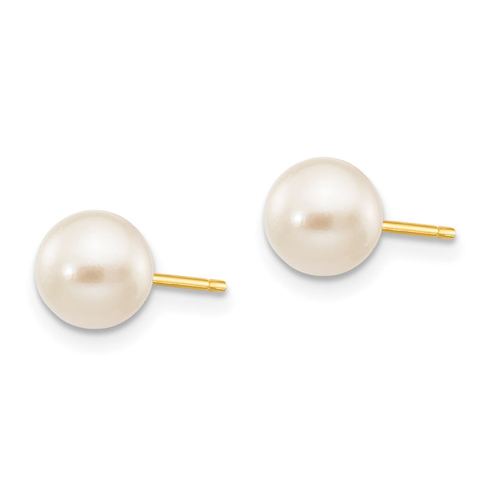 14K Solid Yellow Gold 6mm White Round Akoya Saltwater Cultured Pearl Stud Earrings