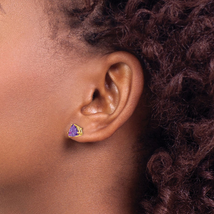 14K Solid Yellow Gold 7mm Trillion Purple Amethyst Studs Gemstone Solitaire Earrings February Birthstone Jewelry