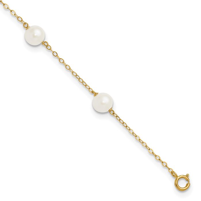 14K Solid Yellow Gold 6mm White Near Round Freshwater Cultured Pearl 6 Station Anklet Summer Beach Foot Ankle Bracelet