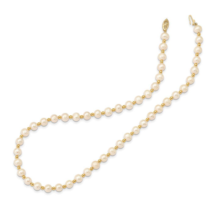 14K Solid Yellow Gold 6mm White Near Round Freshwater Cultured Pearl Beaded Necklace Chain