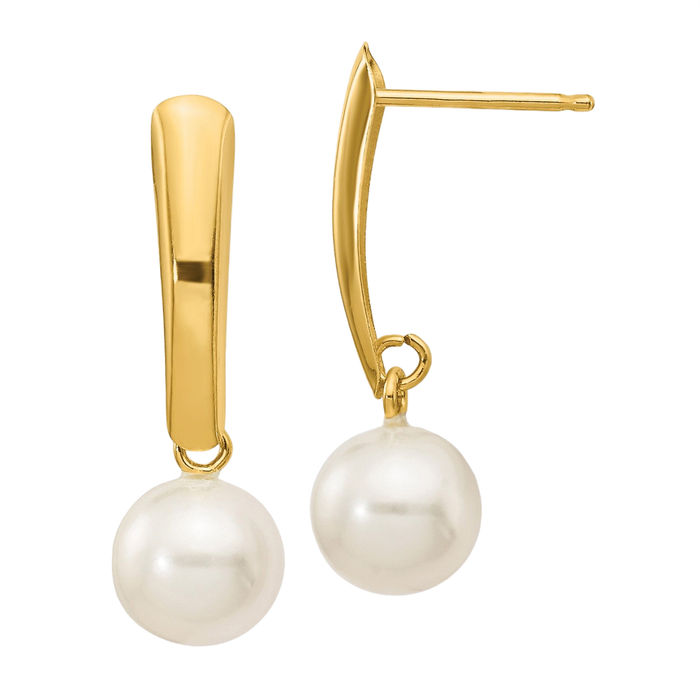 14K Solid Yellow Gold 6mm White Round Freshwater Cultured Pearl Post Drop Dangle Earrings