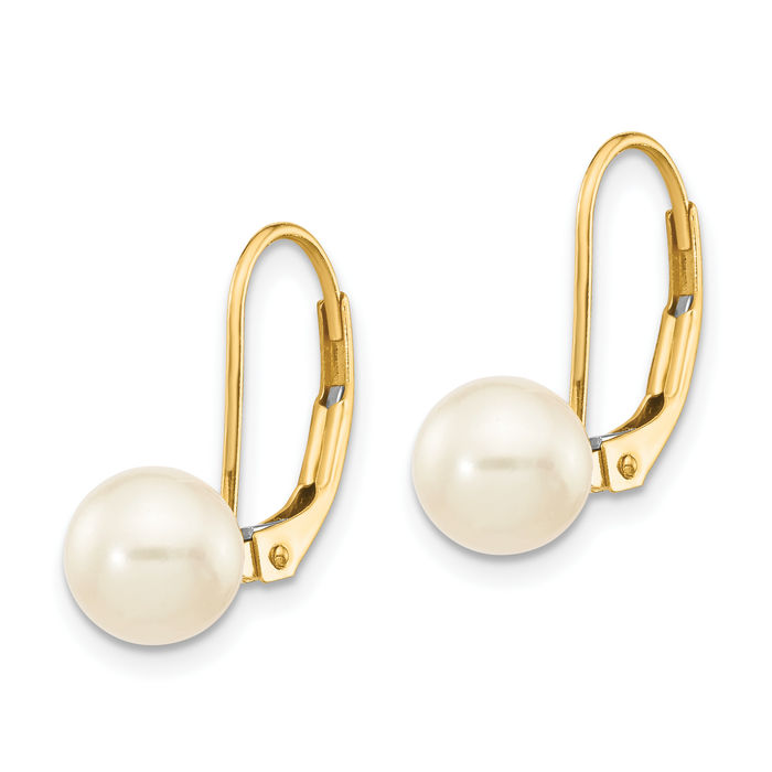 14K Solid Yellow Gold 6mm White Round Freshwater Cultured Pearl Drop Dangle Earrings