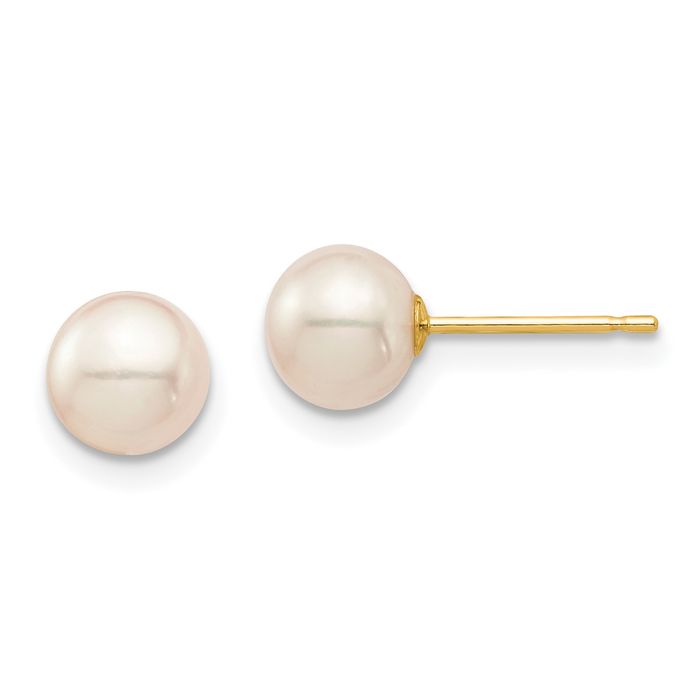 14K Solid Yellow Gold 6mm White Round Freshwater Cultured Pearl Stud Earrings Silicone Backs