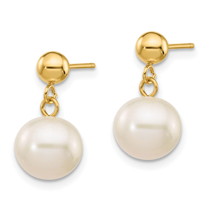 14K Solid Yellow Gold 8mm White Round Freshwater Cultured Pearl Post Drop Dangle Earrings