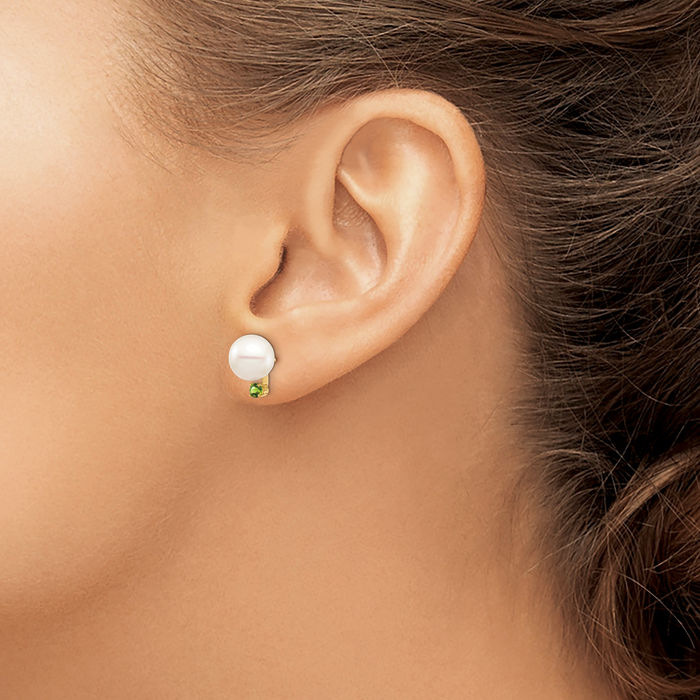 14K Solid Yellow Gold 8mm White Round Freshwater Cultured Pearl .14pe Green Peridot Stud Earrings August Birthstone Jewelry