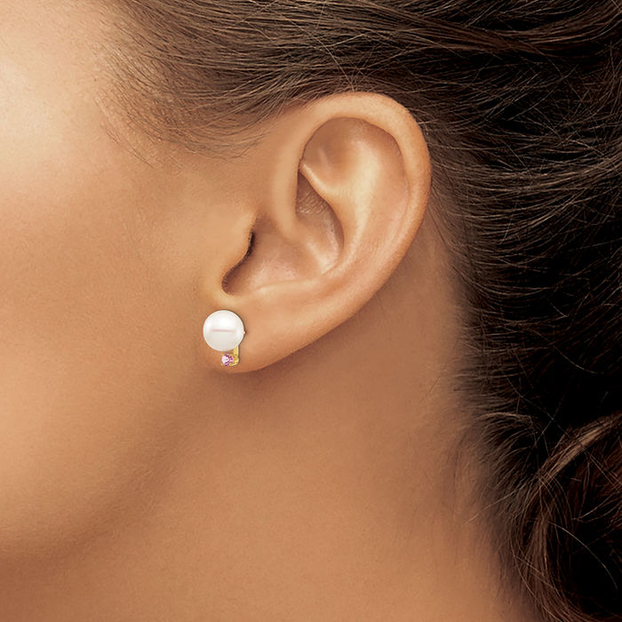 14K Solid Yellow Gold 8mm White Round Freshwater Cultured Pearl .14pt Pink Topaz Stud Earrings October Birthstone Jewelry