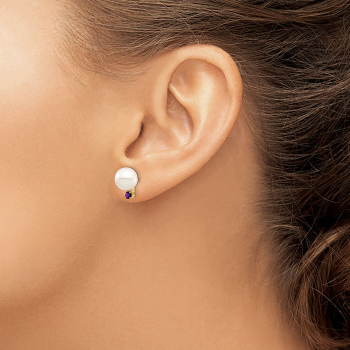 14K Solid Yellow Gold 8mm White Round Freshwater Cultured Pearl .14am Purple Amethyst Stud Earrings February Birthstone Jewelry