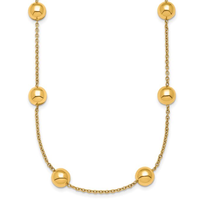 14K Solid Yellow Gold 8mm Bead Station Cable Link Geometric Necklace Chain