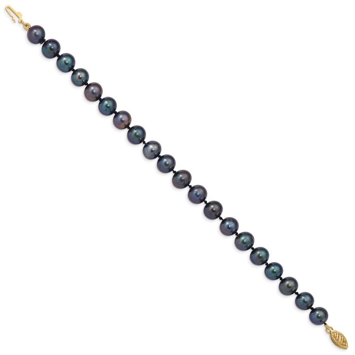 14K Solid Yellow Gold 8mm Black Near Round Freshwater Cultured Pearl Chain Bracelet