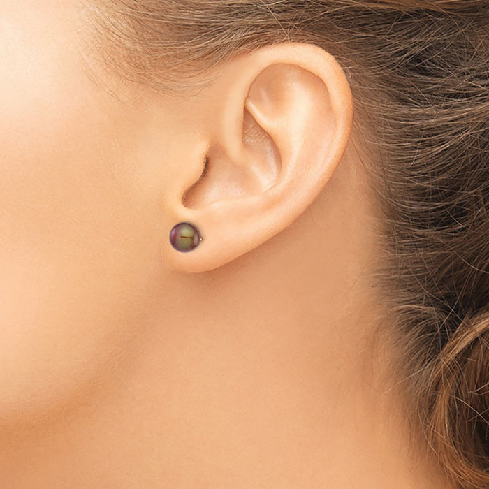 14K Solid Yellow Gold 7mm Brown Round Freshwater Cultured Pearl Stud Earrings