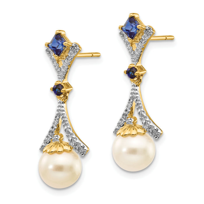 14K Solid Yellow Gold 7mm Freshwater Cultured Pearl Lab Blue Sapphire Diamond Drop Dangle Earrings