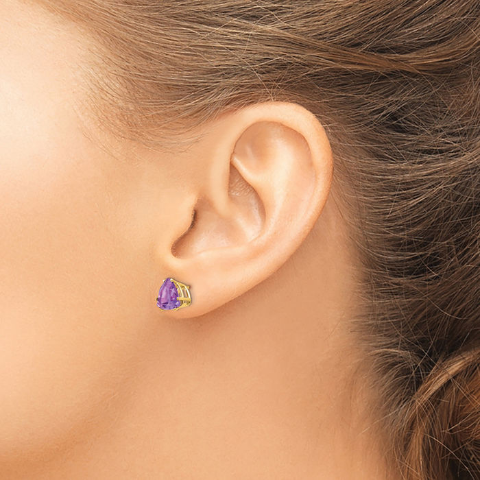 14K Solid Yellow Gold 8mm Trillion Purple Amethyst Studs Gemstone Solitaire Earrings February Birthstone Jewelry