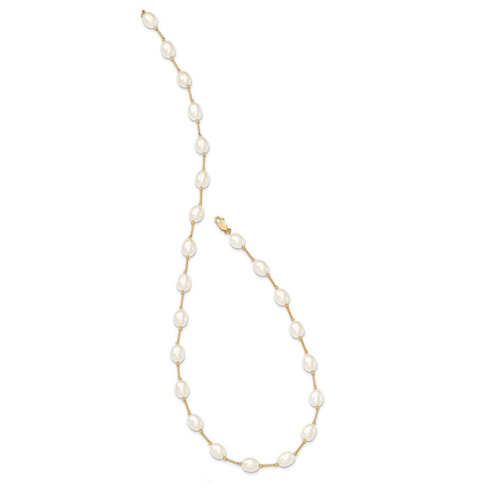 14K Solid Yellow Gold 7mm White Rice Freshwater Cultured Pearl Beaded Necklace Chain