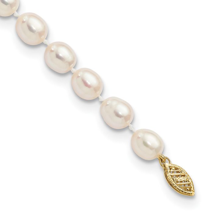 14K Solid Yellow Gold 7mm White Rice Freshwater Cultured Pearl Chain Bracelet