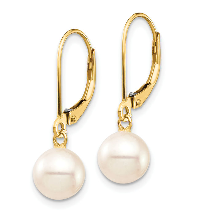 14K Solid Yellow Gold 7mm White Round Freshwater Cultured Pearl Drop Dangle Earrings Gemstone