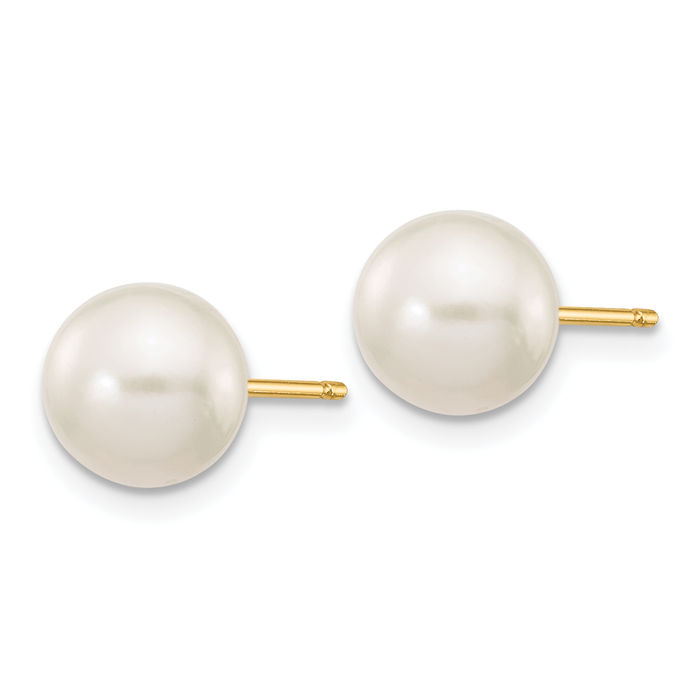 14K Solid Yellow Gold 7mm White Round Freshwater Cultured Pearl Stud Earrings