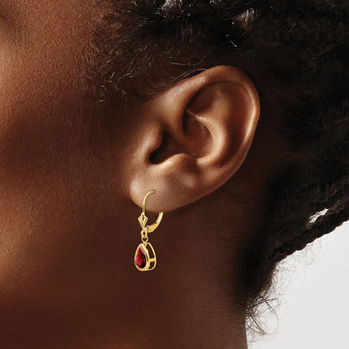 14K Solid Yellow Gold Red Garnet Drop Dangle Earrings Pear Teardrop Gemstone January Birthstone Jewelry