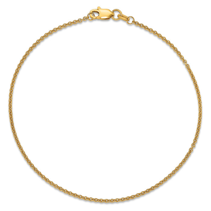 14K Solid Yellow Gold 1.4mm Round Cable Rolo Link Chain Anklet Summer Beach Foot Ankle Bracelet