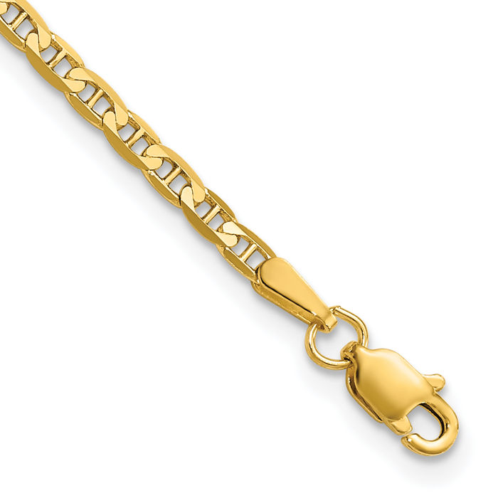 14K Solid Yellow Gold 2.4mm Concave Anchor Mariner Link Chain Bracelet