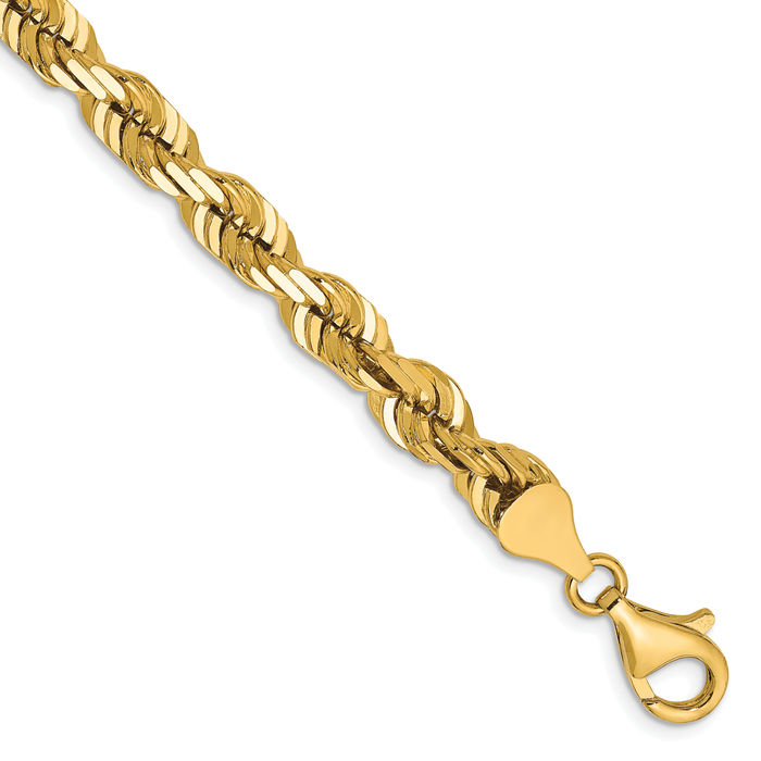 14K Solid Yellow Gold 6.5mm Rope Chain Bracelet