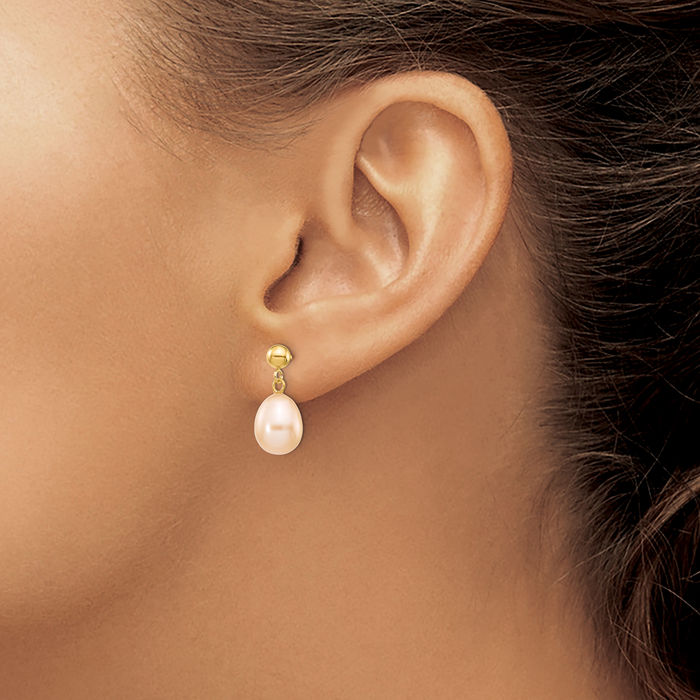 14K Solid Yellow Gold 8mm Pink Rice Freshwater Cultured Pearl Post Drop Dangle Earrings