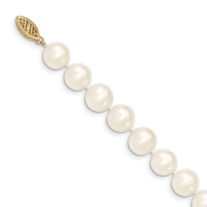 14K Solid Yellow Gold 9mm White Near Round Freshwater Cultured Pearl Necklace Chain