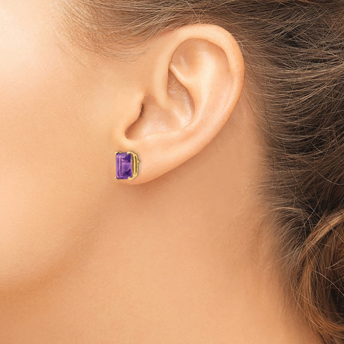 14K Solid Yellow Gold Purple Amethyst Studs Gemstone Solitaire Earrings February Birthstone Jewelry