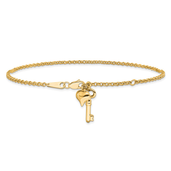 14K Solid Yellow Gold Adjustable Heart Key Anklet Summer Beach Foot Ankle Bracelet