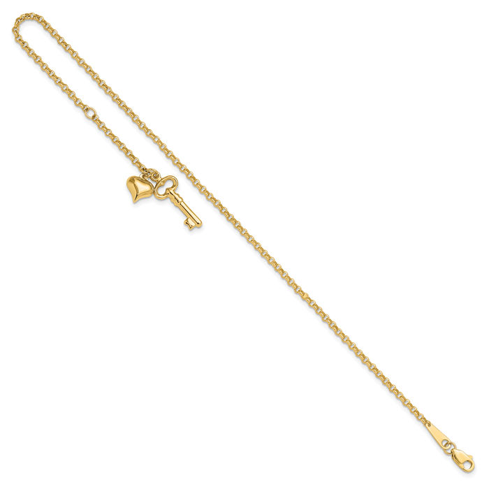 14K Solid Yellow Gold Adjustable Heart Key Anklet Summer Beach Foot Ankle Bracelet