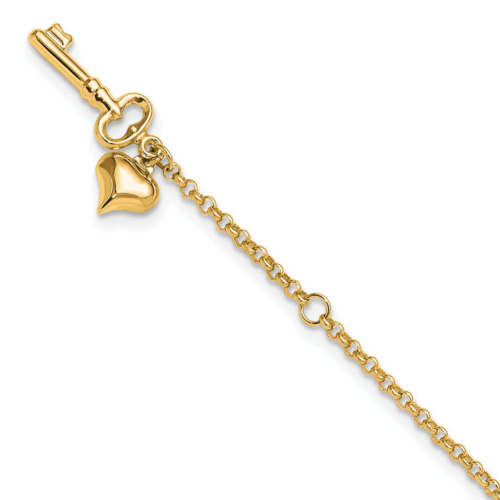 14K Solid Yellow Gold Adjustable Heart Key Anklet Summer Beach Foot Ankle Bracelet