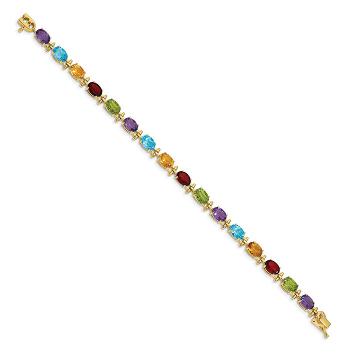 14K Solid Yellow Gold Rainbow Multi-color Gemstone Purple Amethyst Green Peridot Red Garnet Orange Citrine Blue Topaz Tennis Bracelet