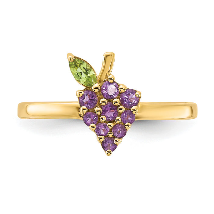 14K Solid Yellow Gold Purple Amethyst Green Peridot Grapes Ring Gemstone Band