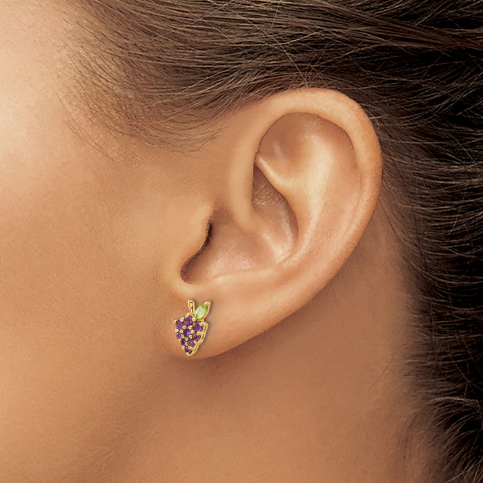 14K Solid Yellow Gold Purple Amethyst Green Peridot Grapes Stud Earrings