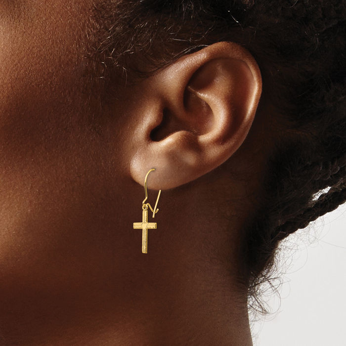 14K Solid Yellow Gold Hanging Holy Cross Christian Religious Drop Dangle Earrings