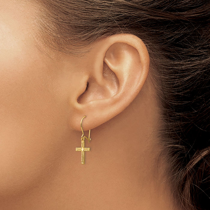 14K Solid Yellow Gold Hanging Holy Cross Christian Religious Drop Dangle Earrings