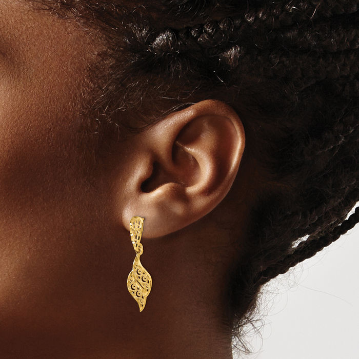 14K Solid Yellow Gold Antique Filigree Drop Dangle Earrings
