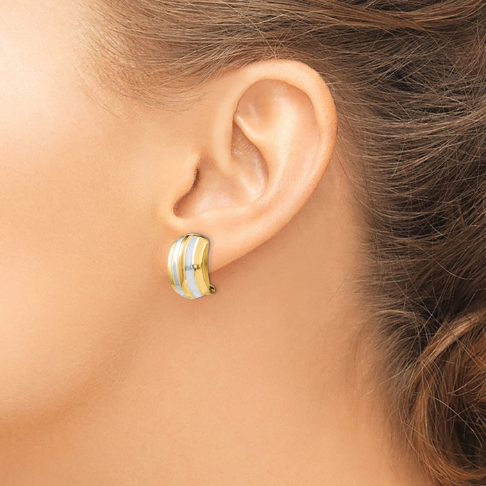 14K Solid Yellow Gold Ribbed Non Pierced Clip On Omega Back Post Stud Earrings