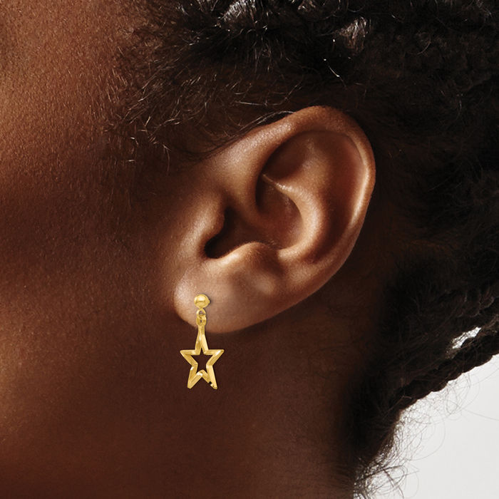 14K Solid Yellow Gold Star Drop Dangle Earrings