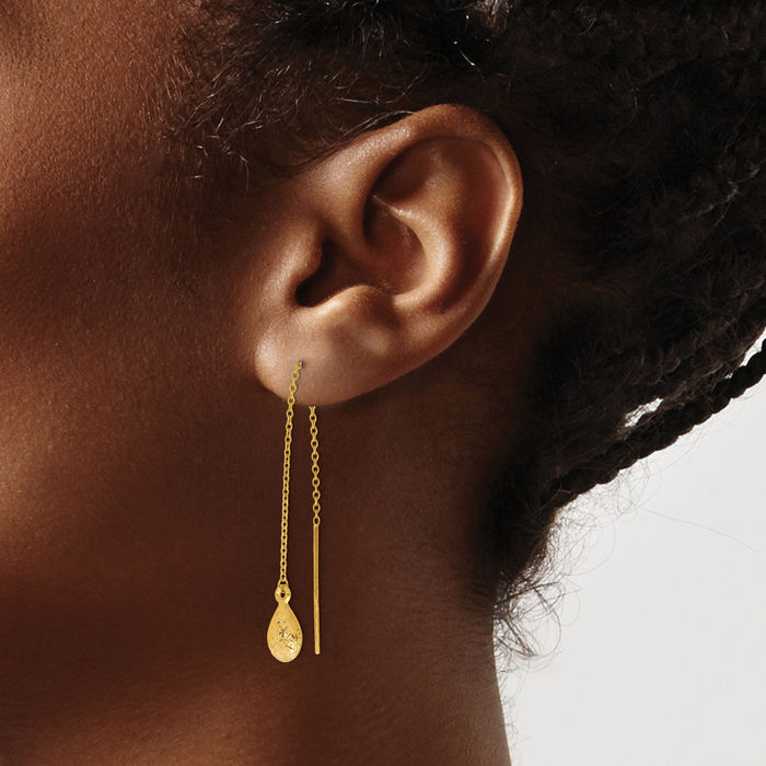 14K Solid Yellow Gold Tear Threader Drop Dangle Earrings