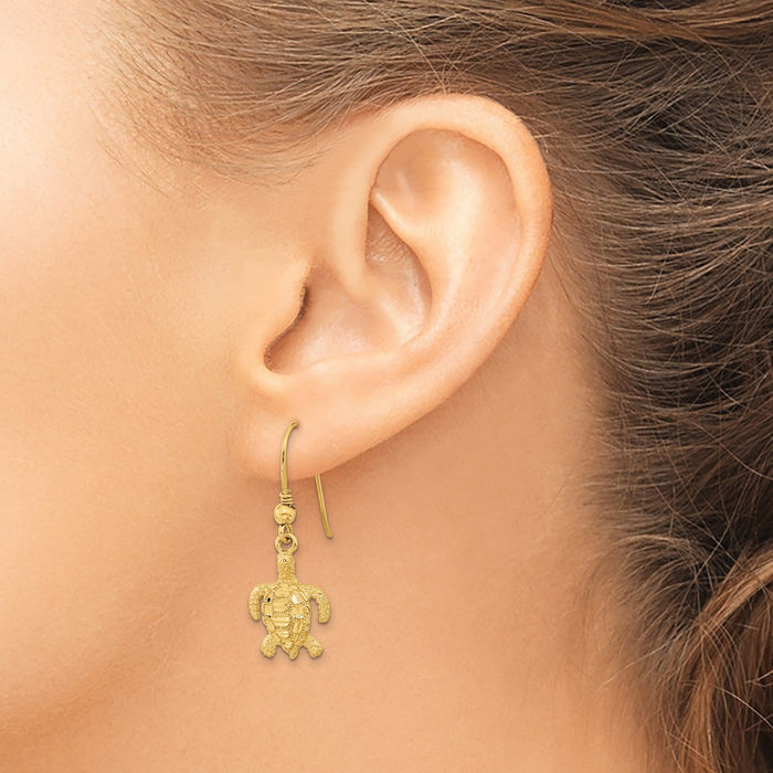 14K Solid Yellow Gold Sea Turtle Drop Dangle Earrings